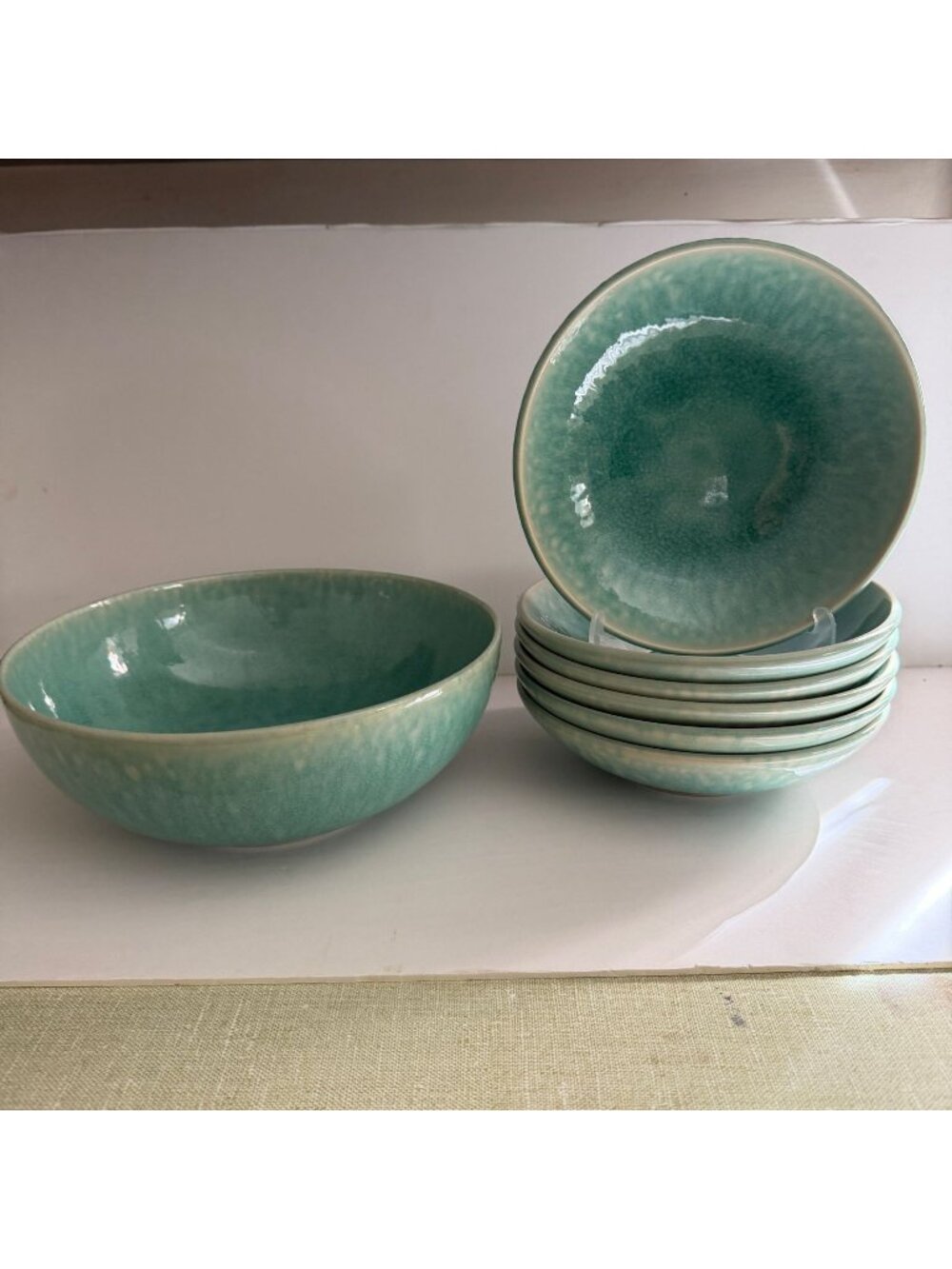 Jars Tourron Jade Green Six 7.5" Soup Coupe Bowls and One 9" Serving Bowl France